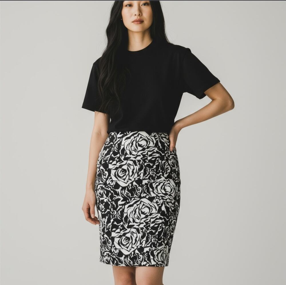 Doncaster Silk Rose Black White Midi Skirt